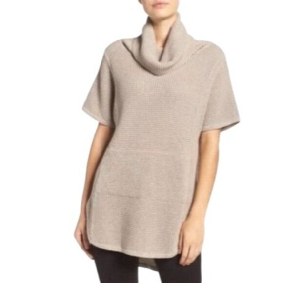 UGG Womens  Selby Taupe Short Sleeve Turtleneck Sweater tunic size large cotton - Picture 1 of 13